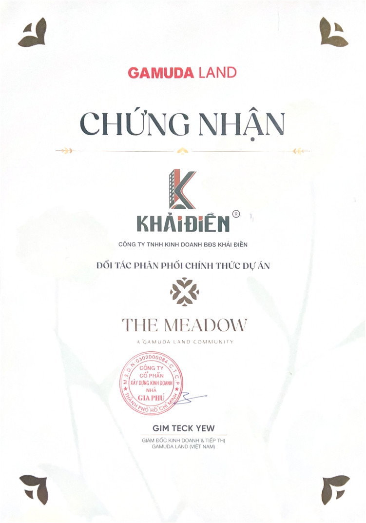 GIấy chứng nhận phân phối chính thức dự án The Meadow của Khải Điền