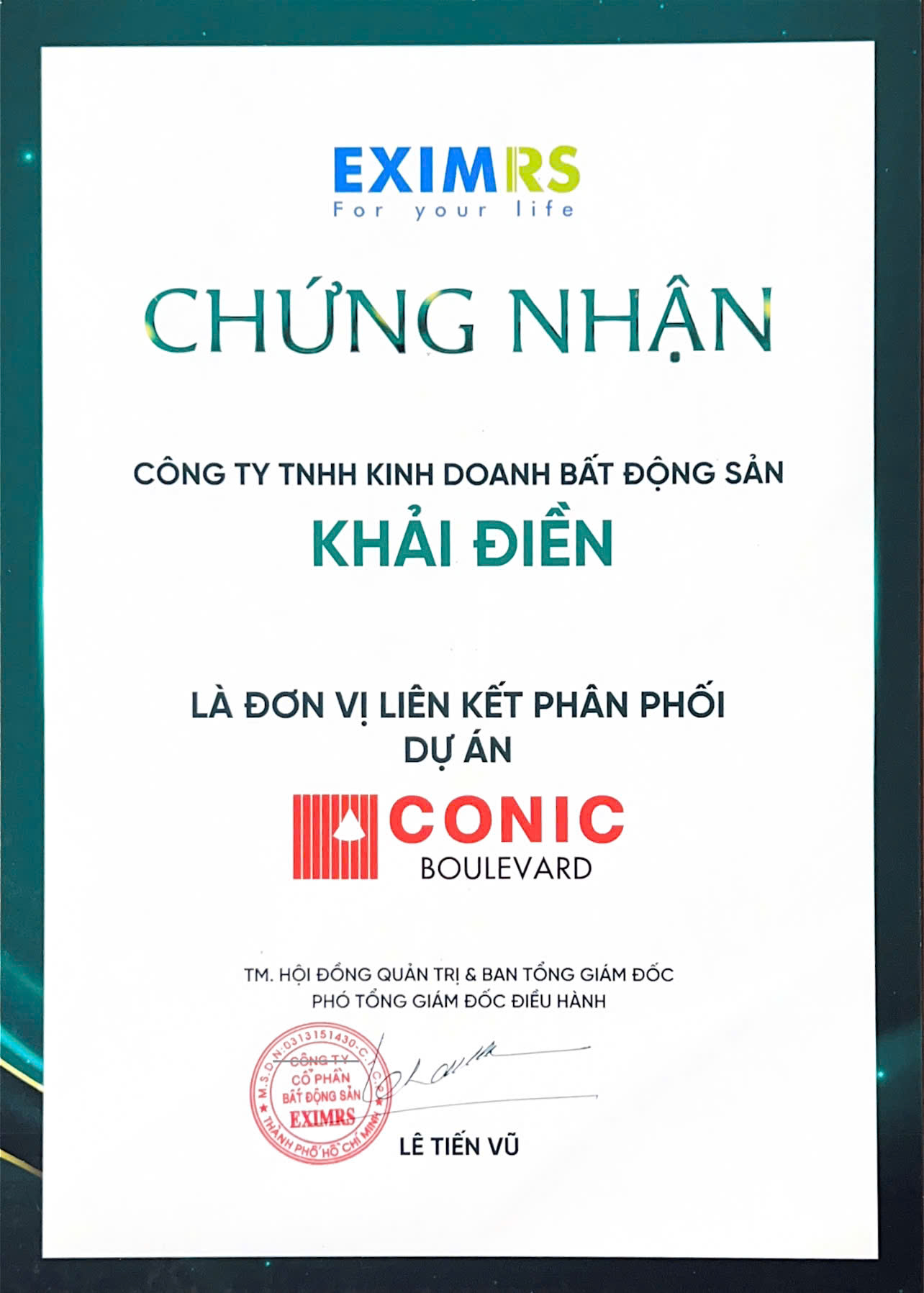 chứng nhận khải điền phân phối conic boulevad