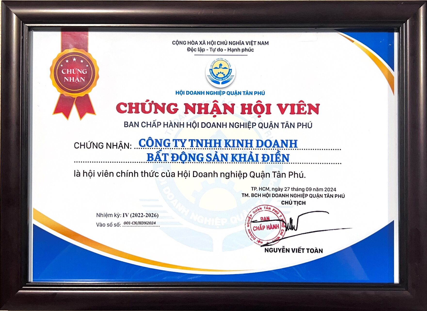 Khải Điền - chứng nhận hội viên doanh nhân Tân Phú