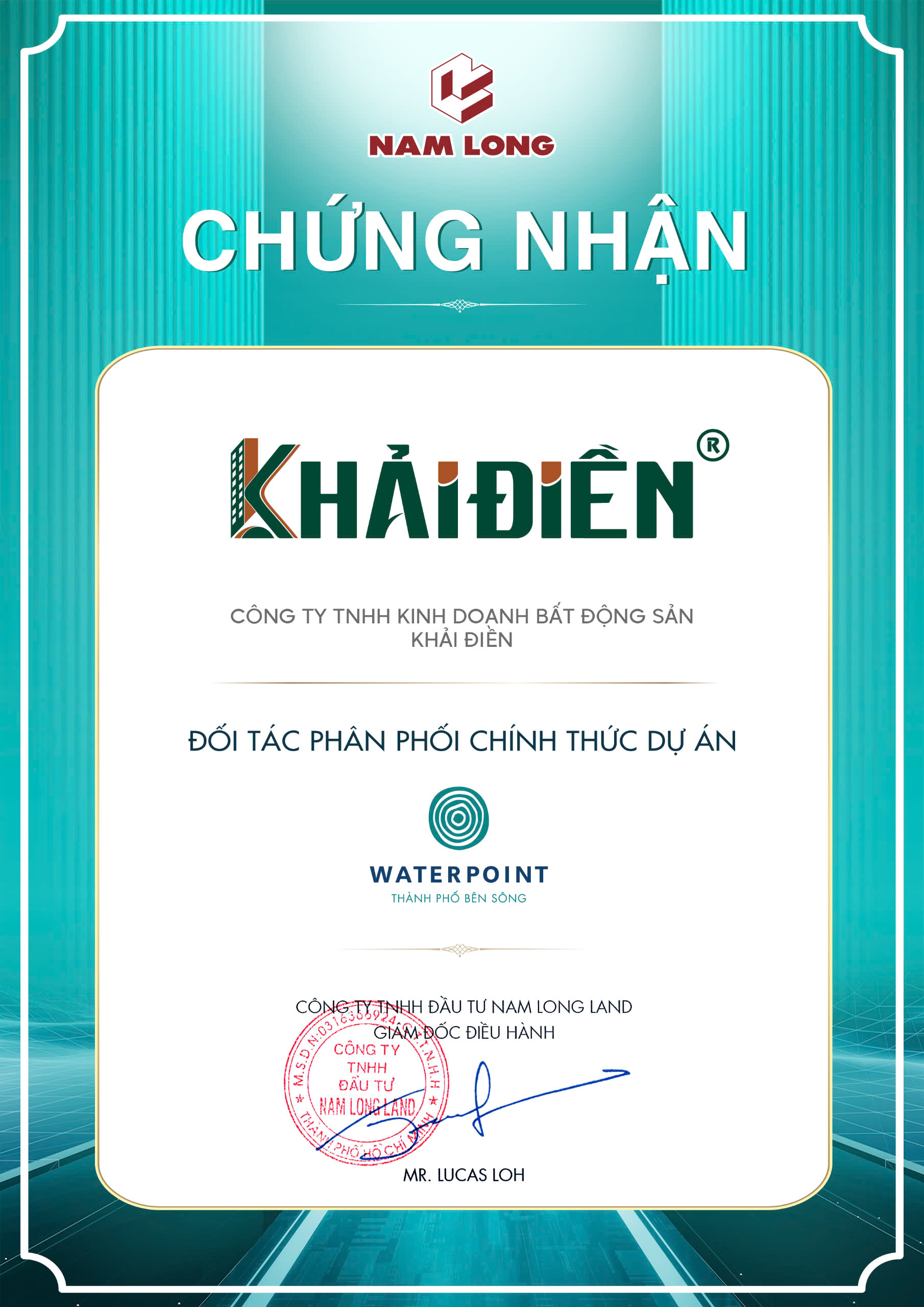 Chứng nhận Khải Điền phân phối dự án Waterpoint Nam Long